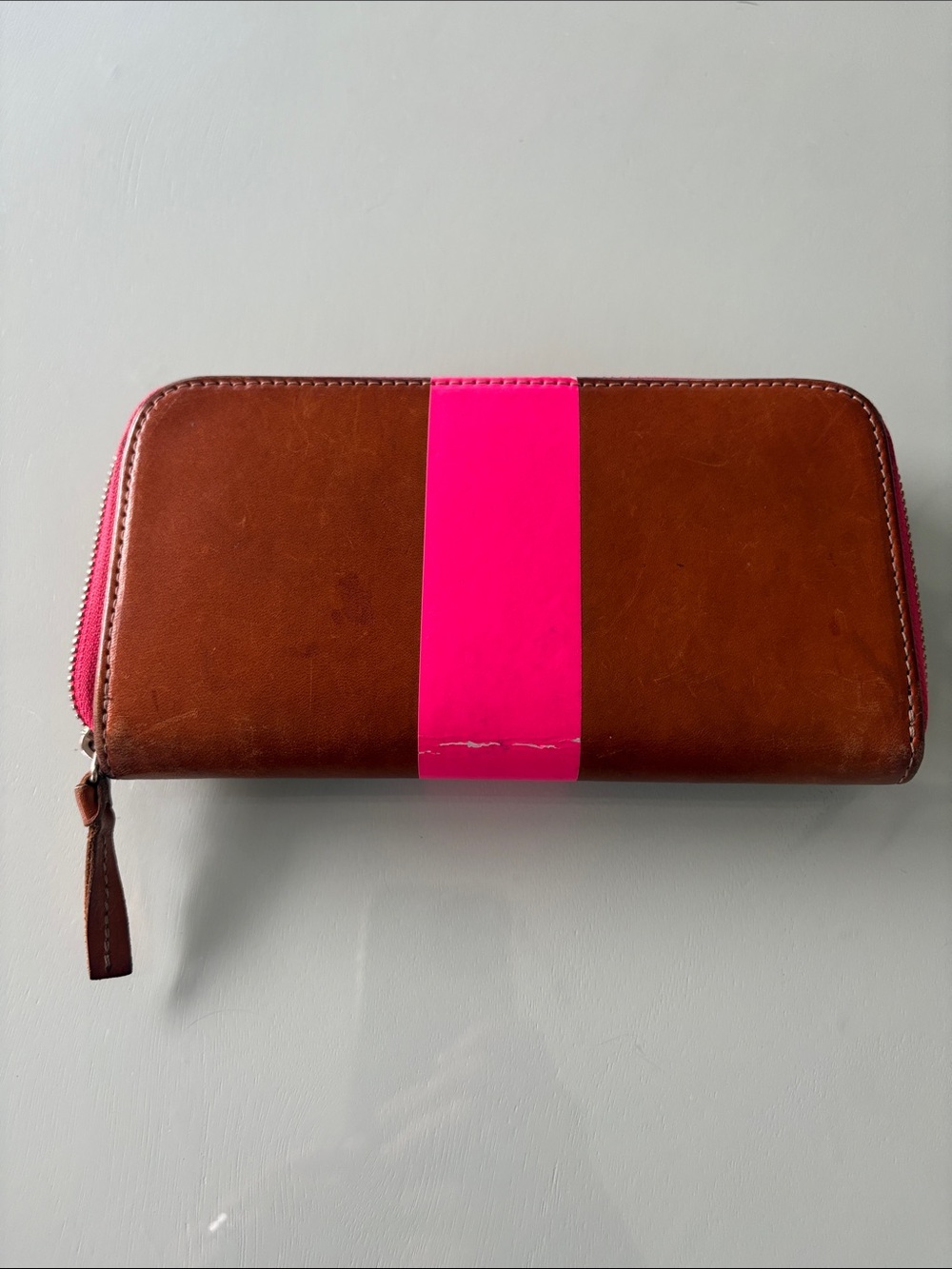 Clare V Brown Leather Zip Wallet with Bright Pink Center Stripe